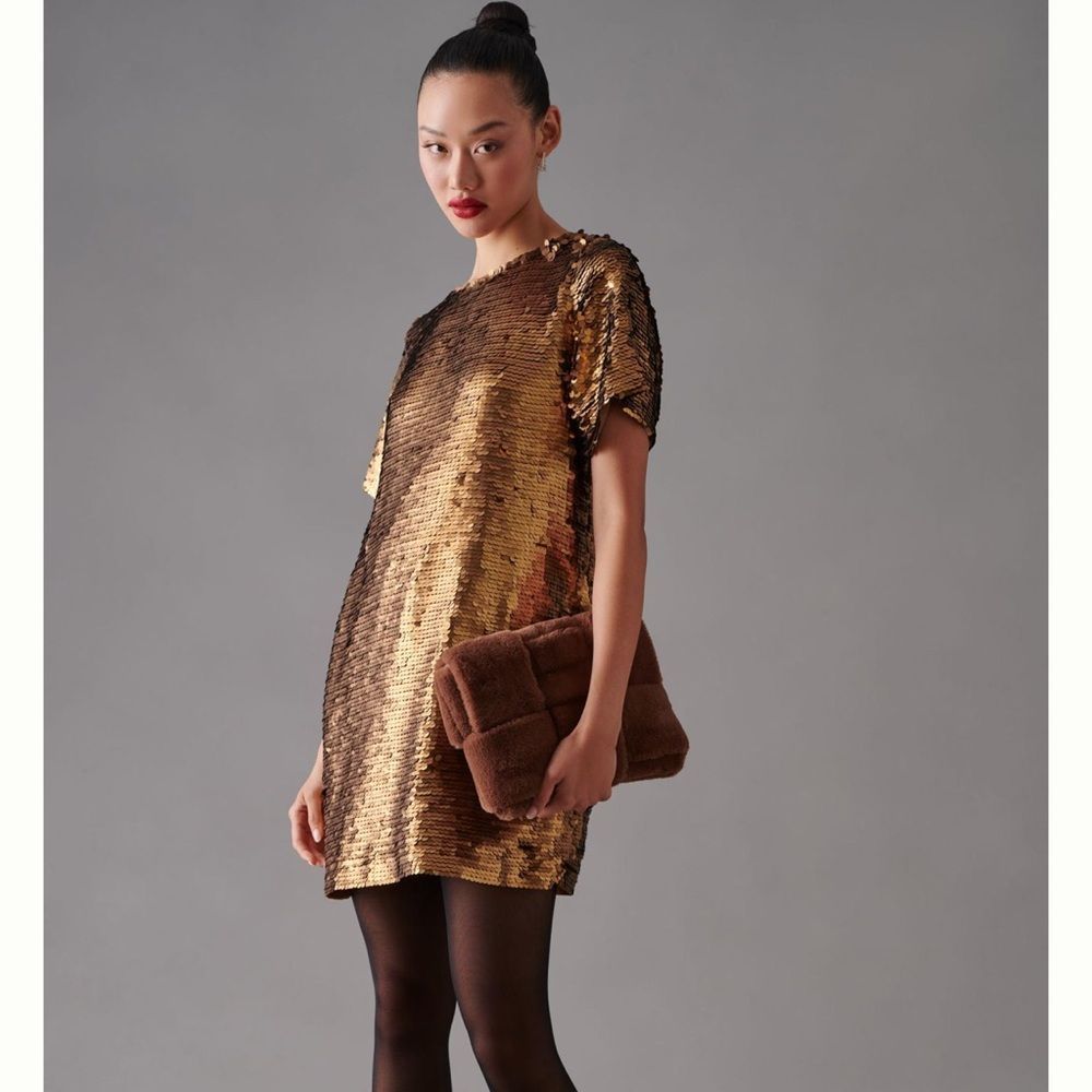 Anthropologie Verb by Pallavi Singhee Sequin Shift Dress Bronze NWOT large
